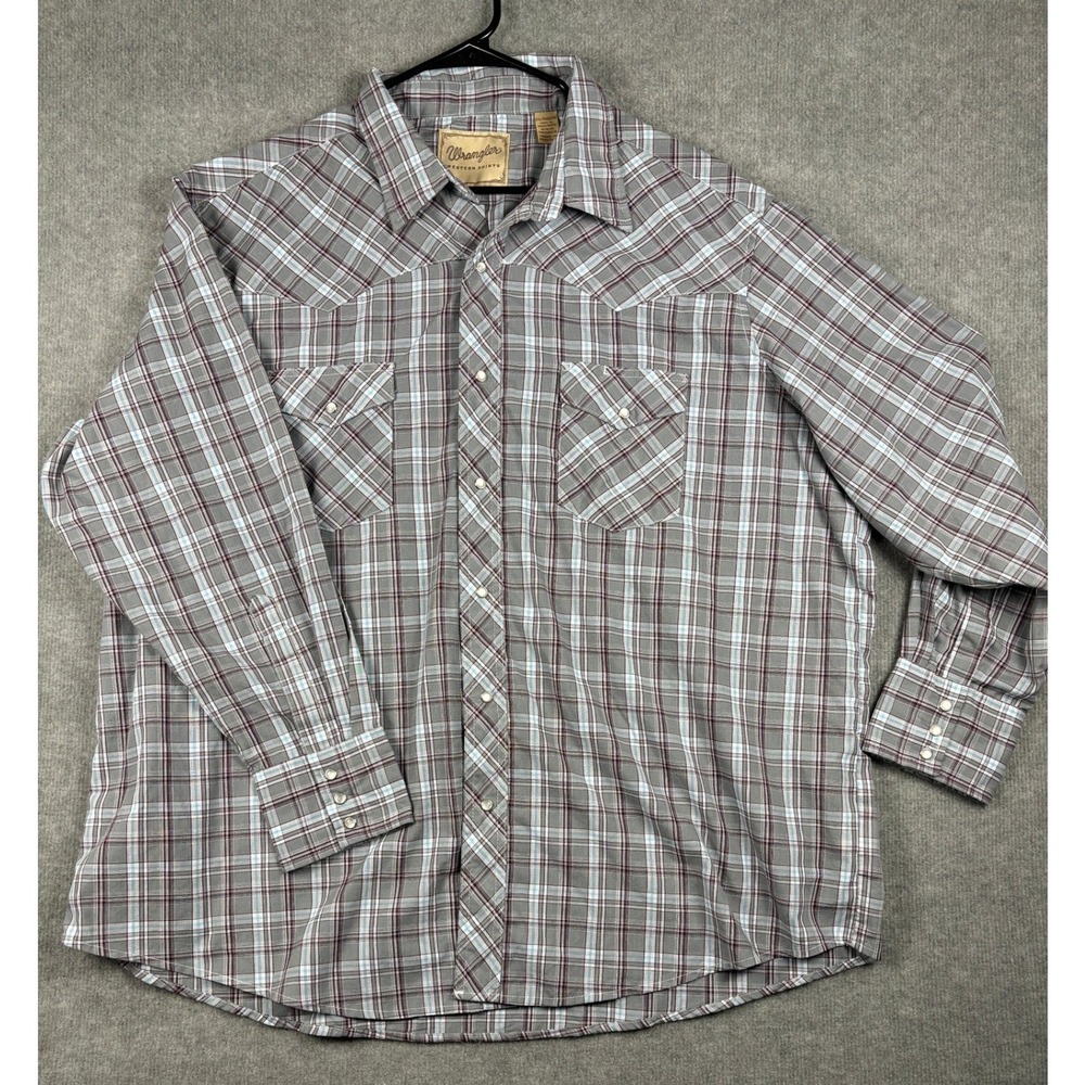 Wrangler Western Shirt Pearl‎ Snap Plaid Long Sleeve 2XL Big Gray 112374450